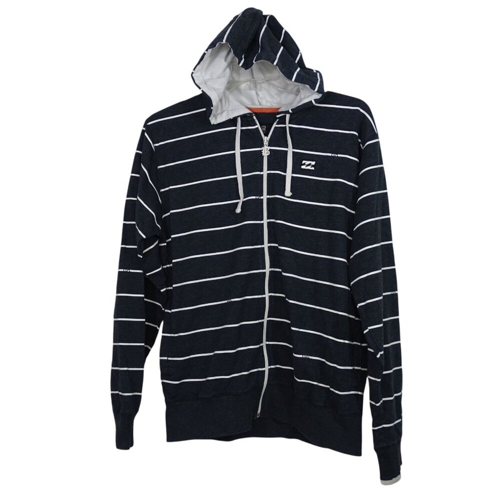Billabong Striped Full Zip Hoodie Jacket Men Size L Charcoal Gray White Pockets